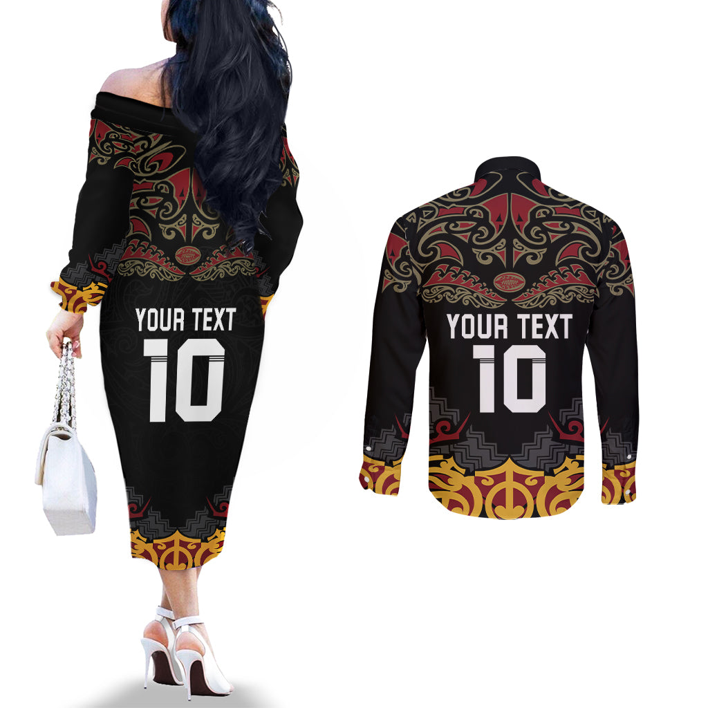 Custom New Zealand Rugby Couples Matching Off The Shoulder Long Sleeve Dress and Long Sleeve Button Shirt Black Fern Maori Tribal Pattern LT03 - Polynesian Pride