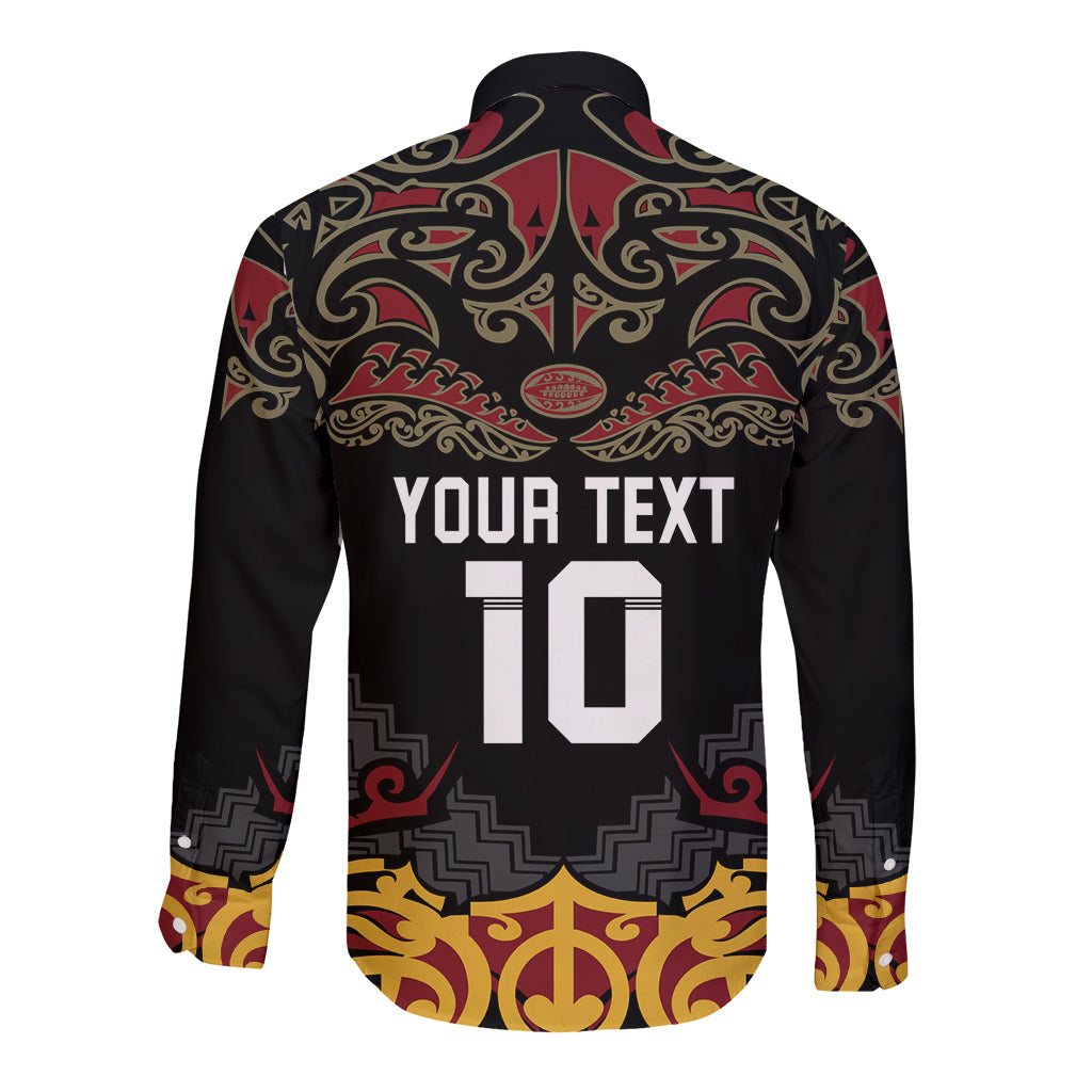 Custom New Zealand Rugby Long Sleeve Button Shirt Black Fern Maori Tribal Pattern LT03 - Polynesian Pride