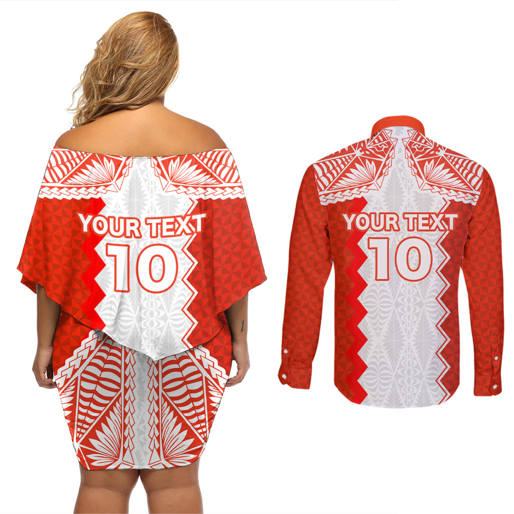 Custom Tonga Rugby Couples Matching Off Shoulder Short Dress and Long Sleeve Button Shirt Ikale Tahi Ngatu Tribal Pattern LT03