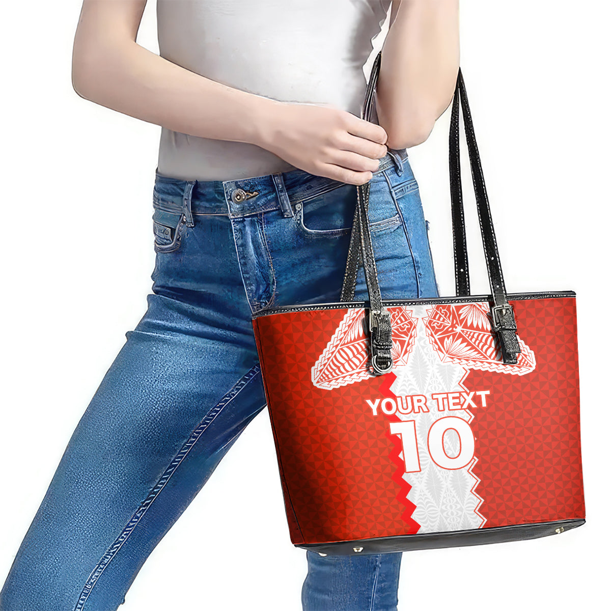 Custom Tonga Rugby Leather Tote Bag Ikale Tahi Ngatu Tribal Pattern