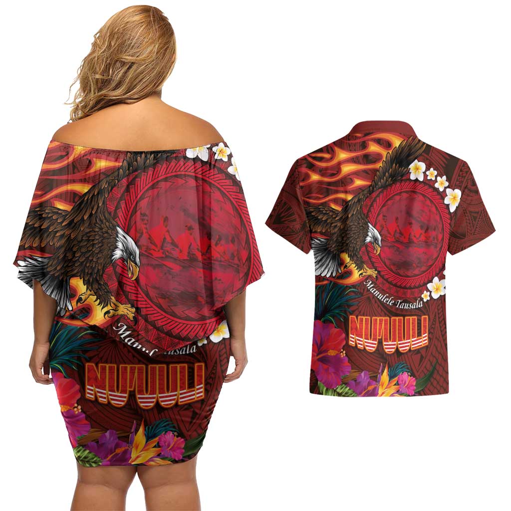 American Samoa Manulele Tausala Nu'uuli Couples Matching Off Shoulder Short Dress and Hawaiian Shirt Tatau Art Pattern with Tropical Plants