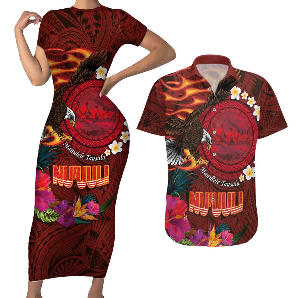 American Samoa Manulele Tausala Nu'uuli Couples Matching Short Sleeve Bodycon Dress and Hawaiian Shirt Tatau Art Pattern with Tropical Plants