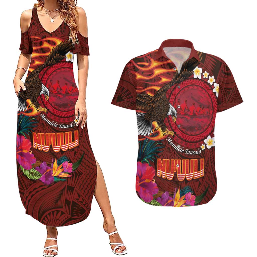 American Samoa Manulele Tausala Nu'uuli Couples Matching Summer Maxi Dress and Hawaiian Shirt Tatau Art Pattern with Tropical Plants