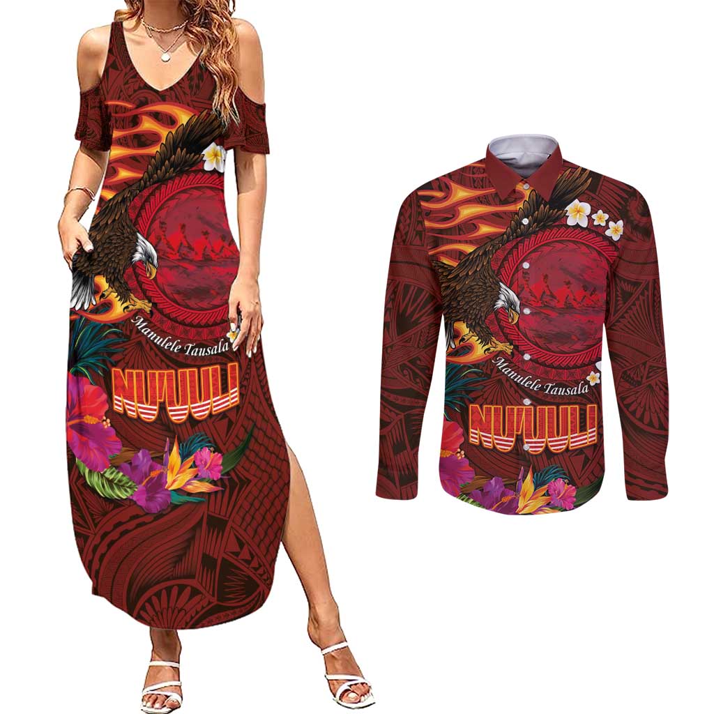 American Samoa Manulele Tausala Nu'uuli Couples Matching Summer Maxi Dress and Long Sleeve Button Shirt Tatau Art Pattern with Tropical Plants