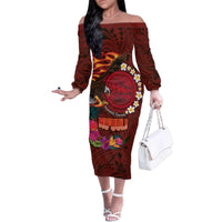 American Samoa Manulele Tausala Nu'uuli Family Matching Off The Shoulder Long Sleeve Dress and Hawaiian Shirt Tatau Art Pattern with Tropical Plants