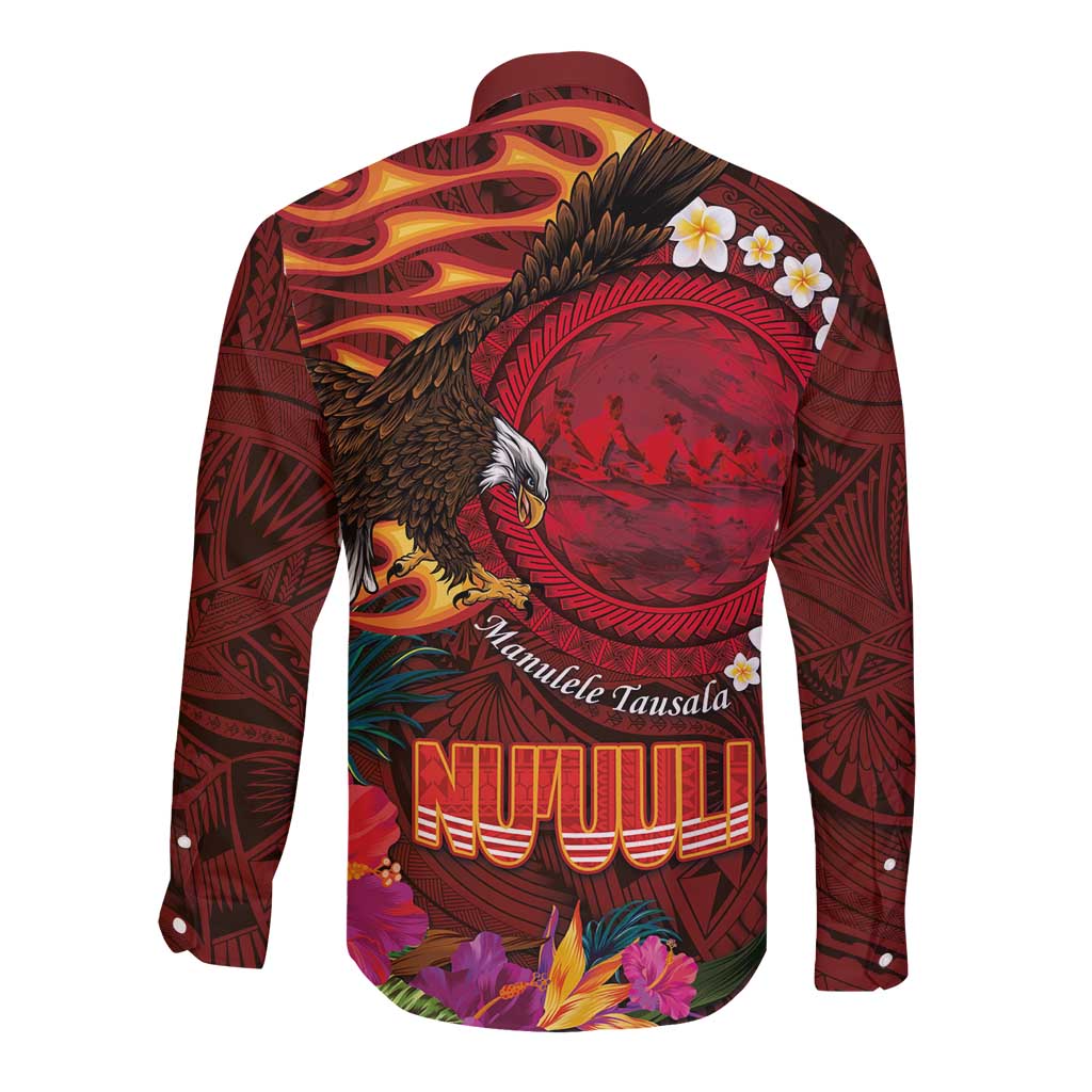 American Samoa Manulele Tausala Nu'uuli Long Sleeve Button Shirt Tatau Art Pattern with Tropical Plants