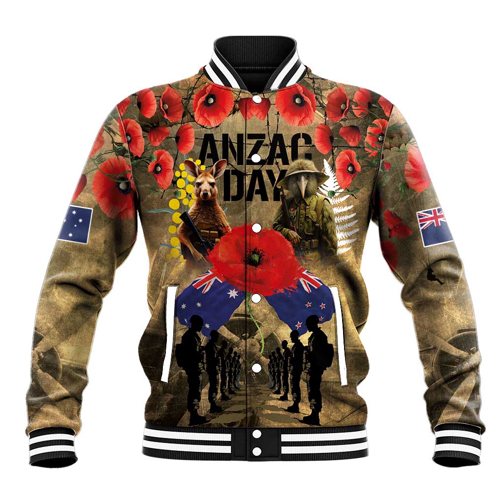 Australia and New Zealand ANZAC Day Baseball Jacket Kangaroo and Kiwi Bird Soldier-Honor and Remember Vintage Style