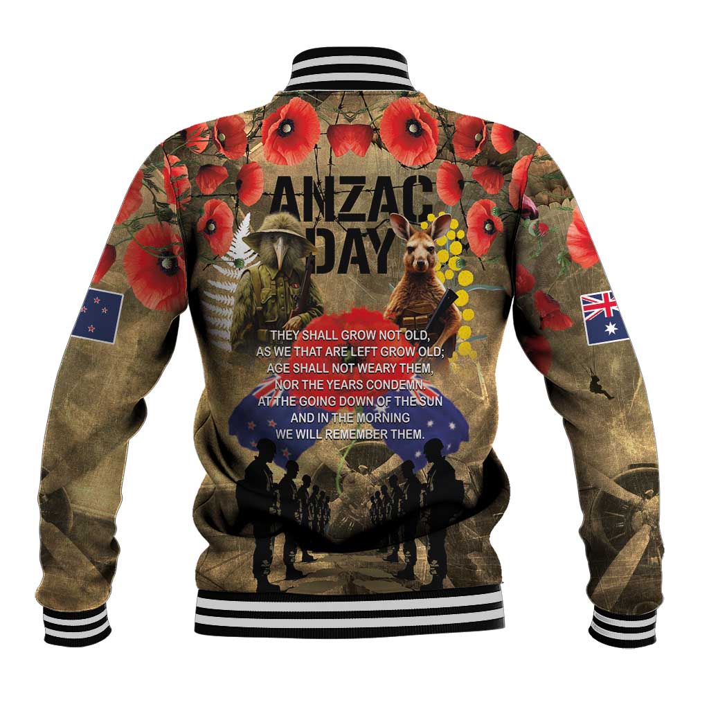Australia and New Zealand ANZAC Day Baseball Jacket Kangaroo and Kiwi Bird Soldier-Honor and Remember Vintage Style