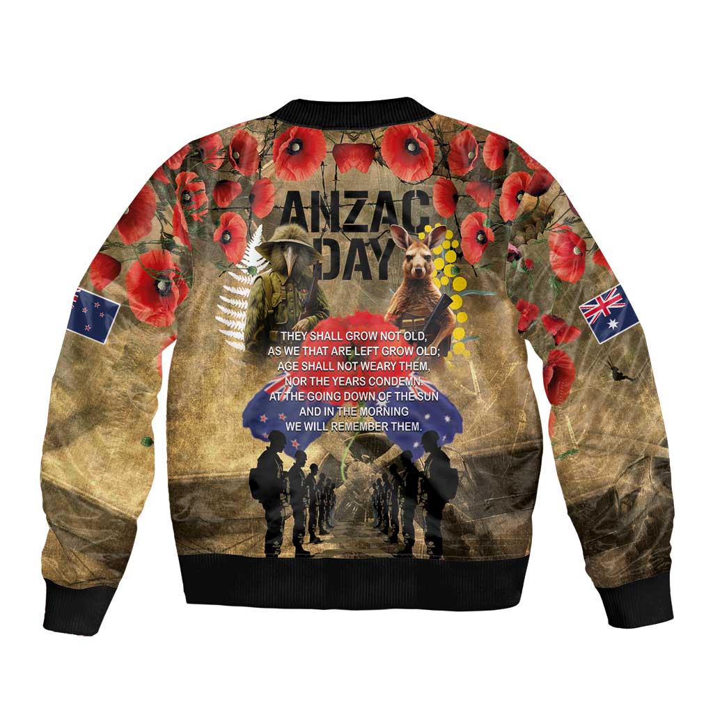Australia and New Zealand ANZAC Day Bomber Jacket Kangaroo and Kiwi Bird Soldier-Honor and Remember Vintage Style