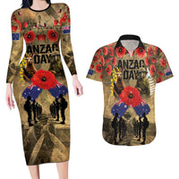Australia and New Zealand ANZAC Day Couples Matching Long Sleeve Bodycon Dress and Hawaiian Shirt Kangaroo and Kiwi Bird Soldier-Honor and Remember Vintage Style