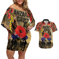 Australia and New Zealand ANZAC Day Couples Matching Off Shoulder Short Dress and Hawaiian Shirt Kangaroo and Kiwi Bird Soldier-Honor and Remember Vintage Style