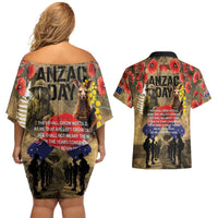 Australia and New Zealand ANZAC Day Couples Matching Off Shoulder Short Dress and Hawaiian Shirt Kangaroo and Kiwi Bird Soldier-Honor and Remember Vintage Style