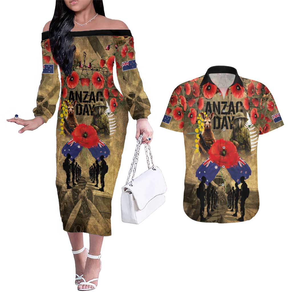 Australia and New Zealand ANZAC Day Couples Matching Off The Shoulder Long Sleeve Dress and Hawaiian Shirt Kangaroo and Kiwi Bird Soldier-Honor and Remember Vintage Style