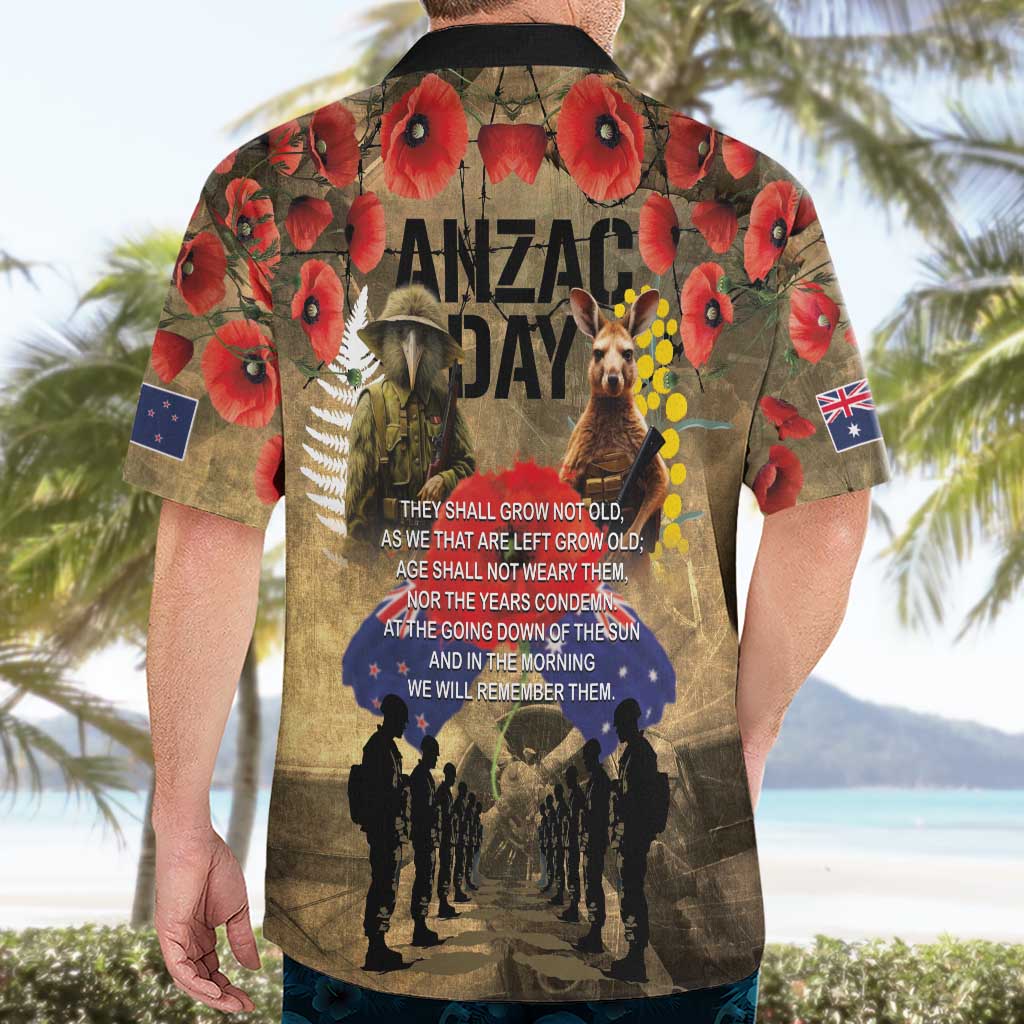 Australia and New Zealand ANZAC Day Hawaiian Shirt Kangaroo and Kiwi Bird Soldier-Honor and Remember Vintage Style
