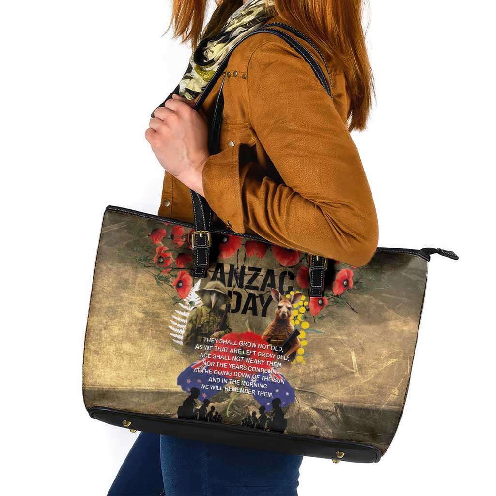 Australia and New Zealand ANZAC Day Leather Tote Bag Kangaroo and Kiwi Bird Soldier-Honor and Remember Vintage Style