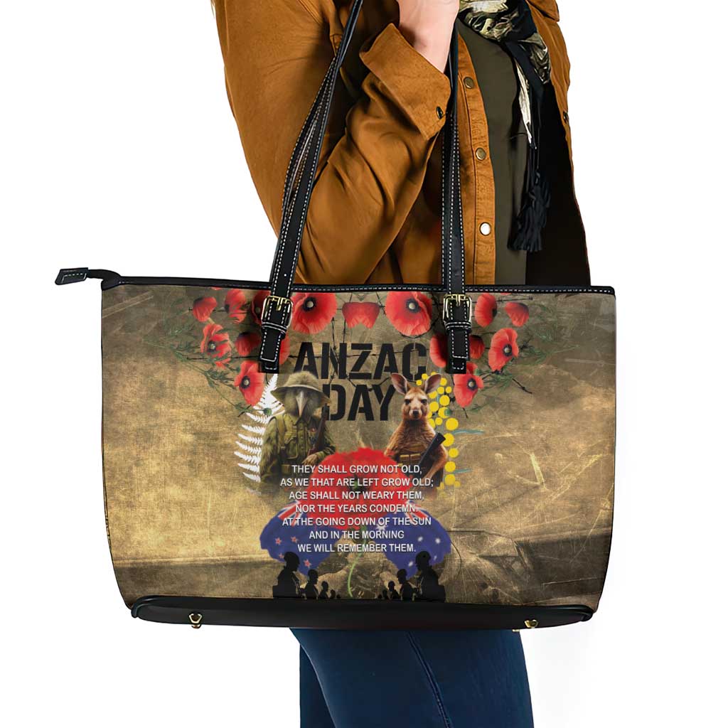 Australia and New Zealand ANZAC Day Leather Tote Bag Kangaroo and Kiwi Bird Soldier-Honor and Remember Vintage Style