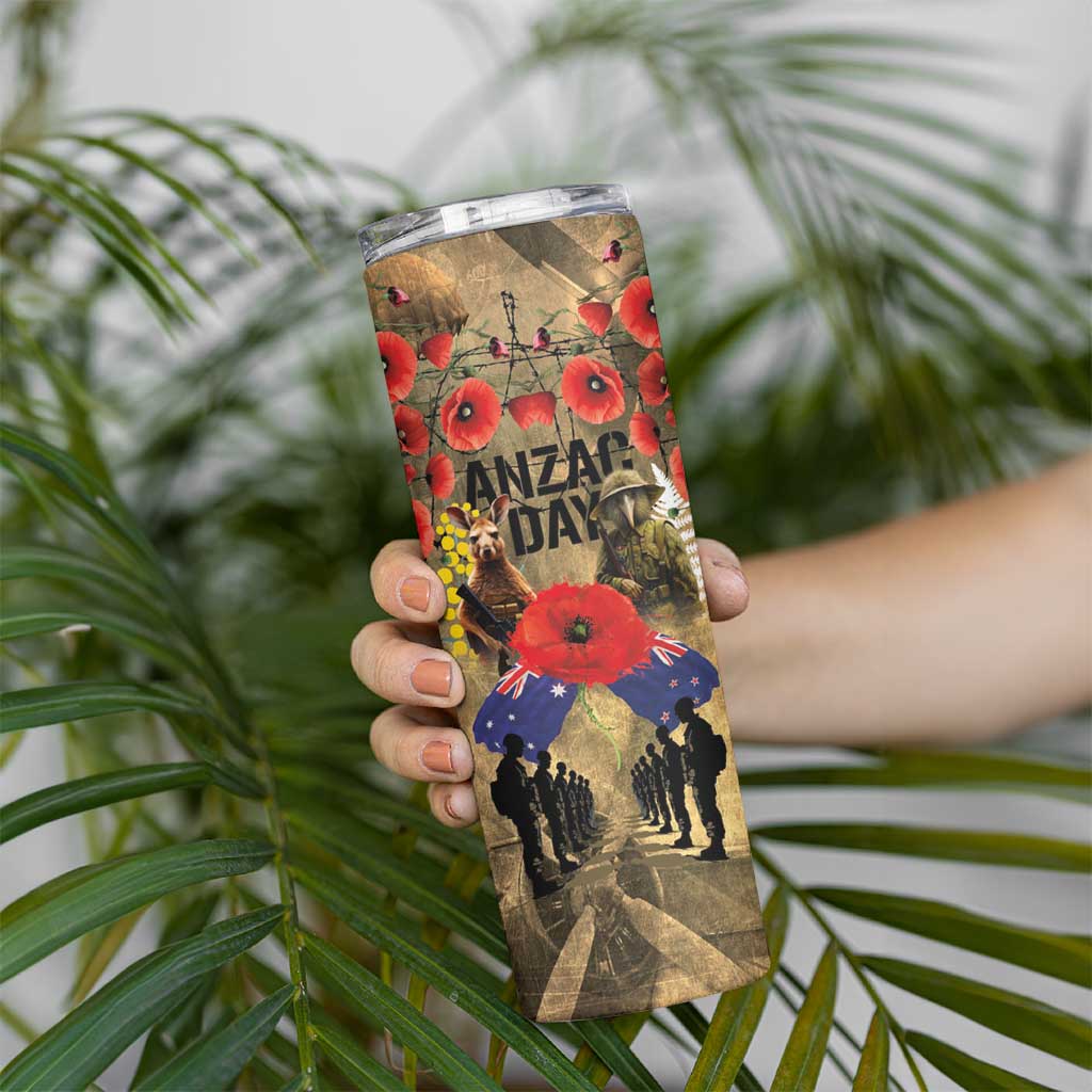 Australia and New Zealand ANZAC Day Skinny Tumbler Kangaroo and Kiwi Bird Soldier-Honor and Remember Vintage Style