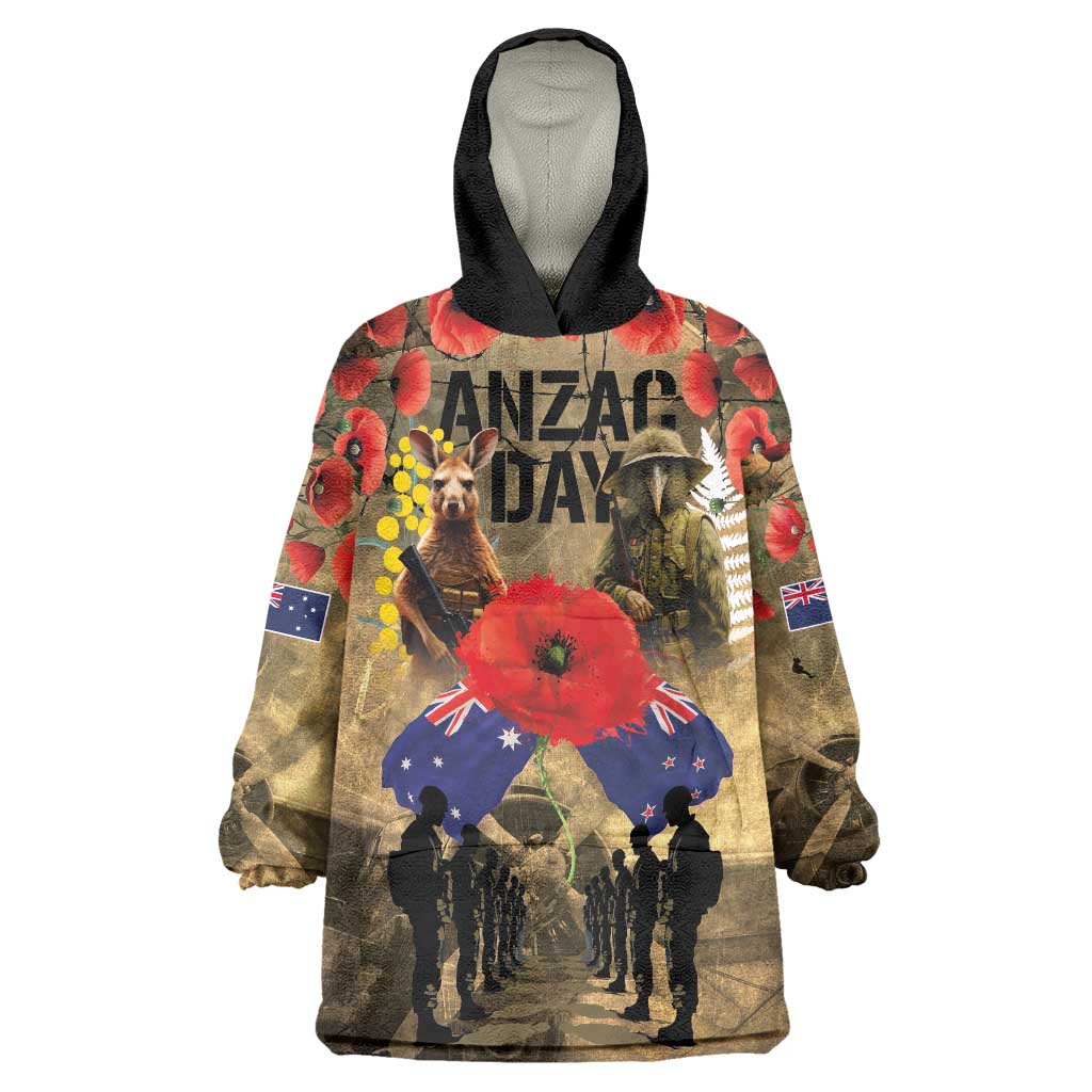 Australia and New Zealand ANZAC Day Wearable Blanket Hoodie Kangaroo and Kiwi Bird Soldier-Honor and Remember Vintage Style