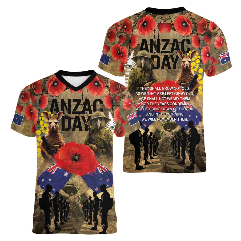 Australia and New Zealand ANZAC Day Women V-Neck T-Shirt Kangaroo and Kiwi Bird Soldier-Honor and Remember Vintage Style