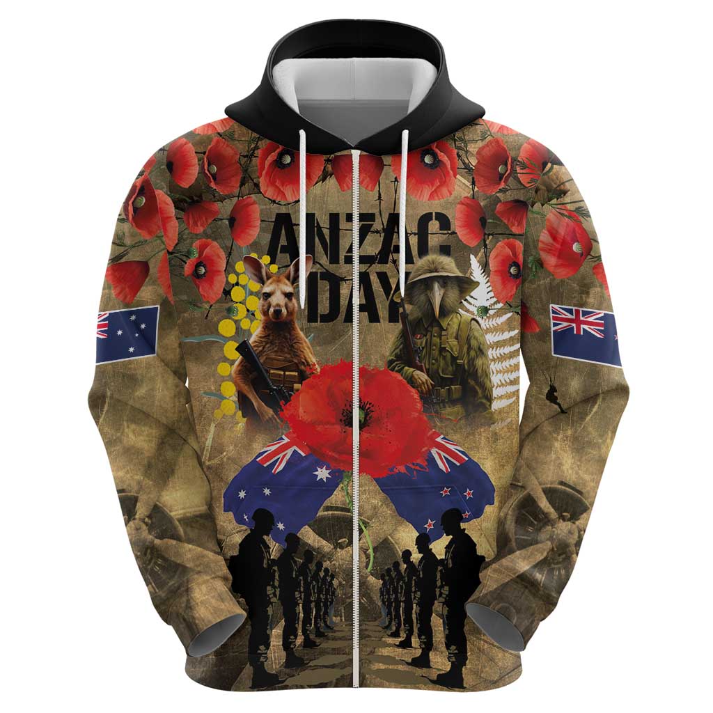 Australia and New Zealand ANZAC Day Zip Hoodie Kangaroo and Kiwi Bird Soldier-Honor and Remember Vintage Style
