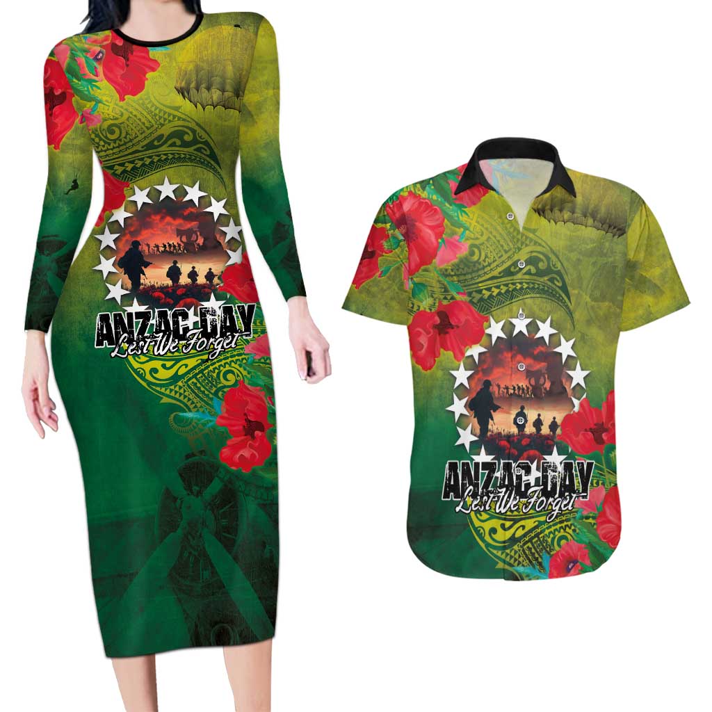 Cook Islands ANDAC Day Couples Matching Long Sleeve Bodycon Dress and Hawaiian Shirt Honor and Remember Soliders-Forever in My Thoughts Grunge Style