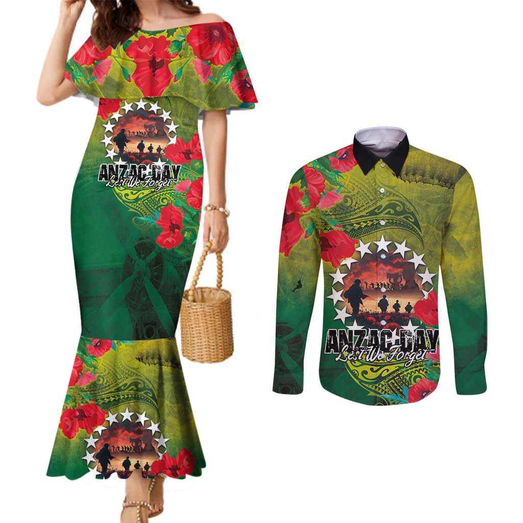 Cook Islands ANDAC Day Couples Matching Mermaid Dress and Long Sleeve Button Shirt Honor and Remember Soliders-Forever in My Thoughts Grunge Style