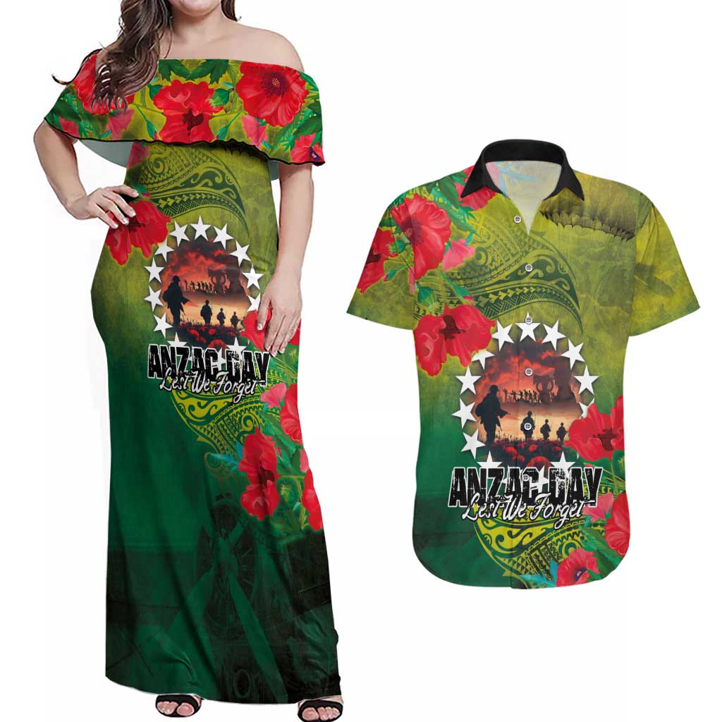 Cook Islands ANDAC Day Couples Matching Off Shoulder Maxi Dress and Hawaiian Shirt Honor and Remember Soliders-Forever in My Thoughts Grunge Style