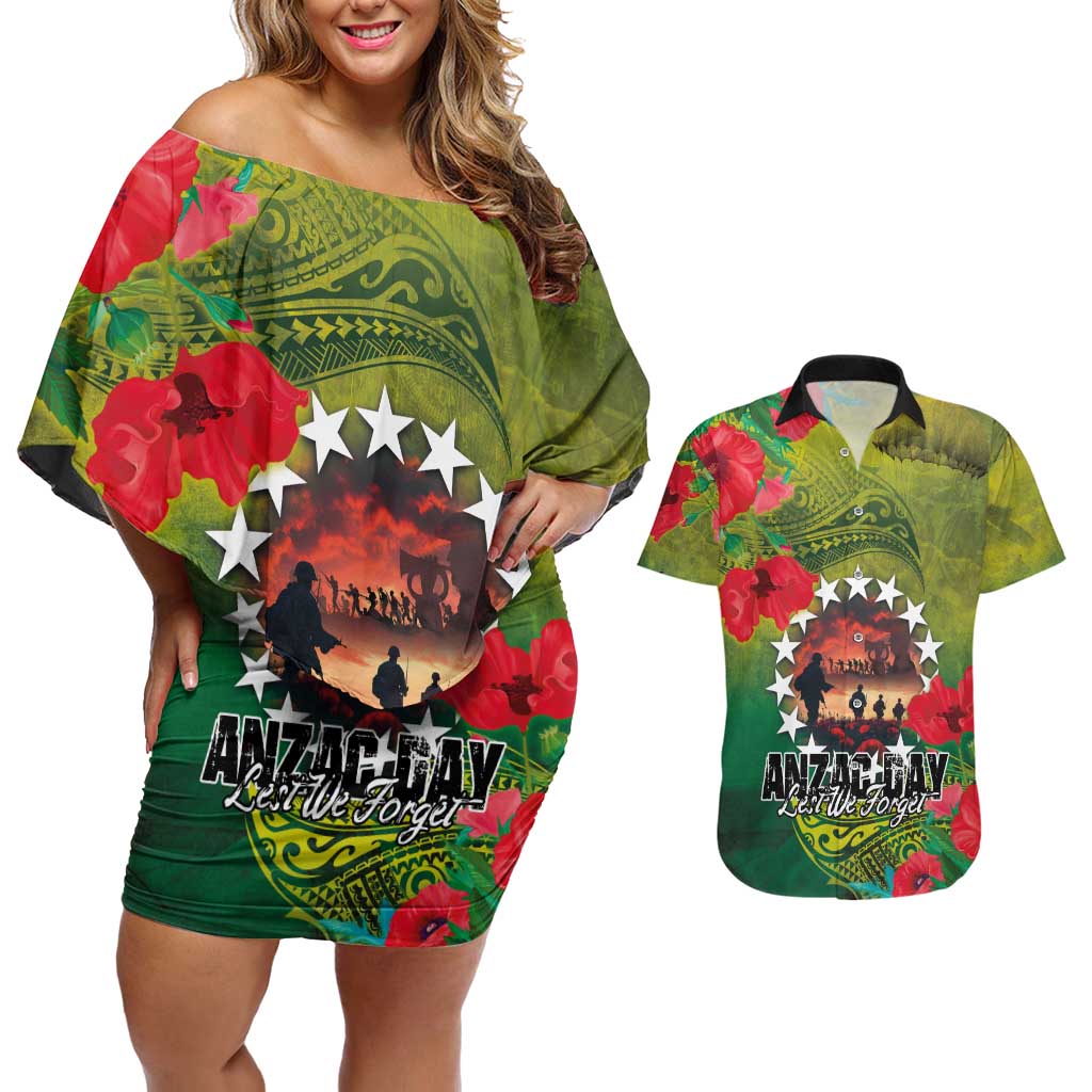 Cook Islands ANDAC Day Couples Matching Off Shoulder Short Dress and Hawaiian Shirt Honor and Remember Soliders-Forever in My Thoughts Grunge Style