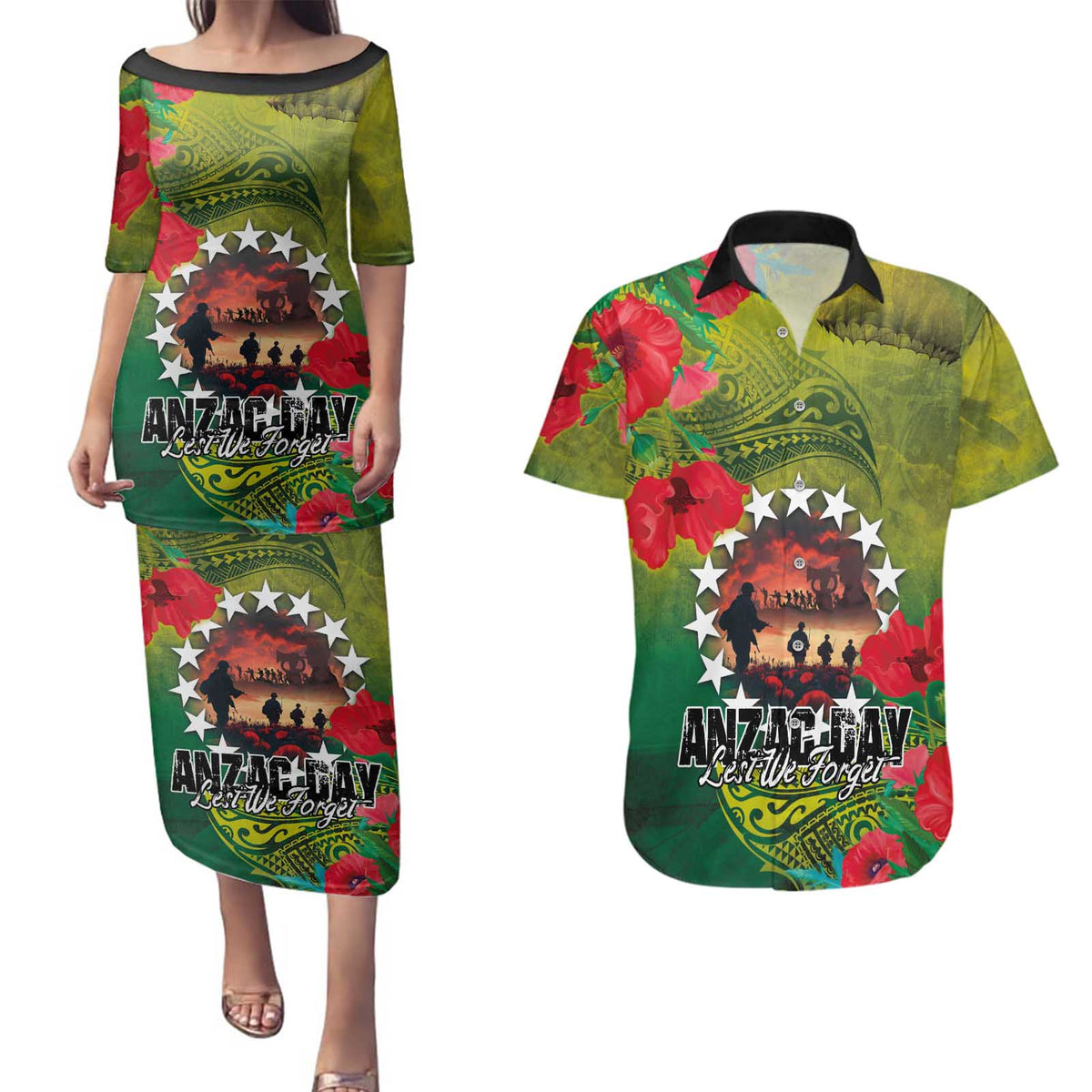 Cook Islands ANDAC Day Couples Matching Puletasi and Hawaiian Shirt Honor and Remember Soliders-Forever in My Thoughts Grunge Style