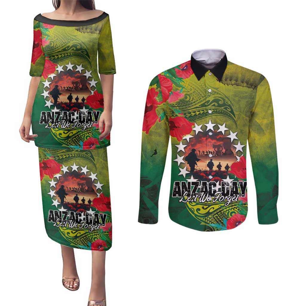 Cook Islands ANDAC Day Couples Matching Puletasi and Long Sleeve Button Shirt Honor and Remember Soliders-Forever in My Thoughts Grunge Style