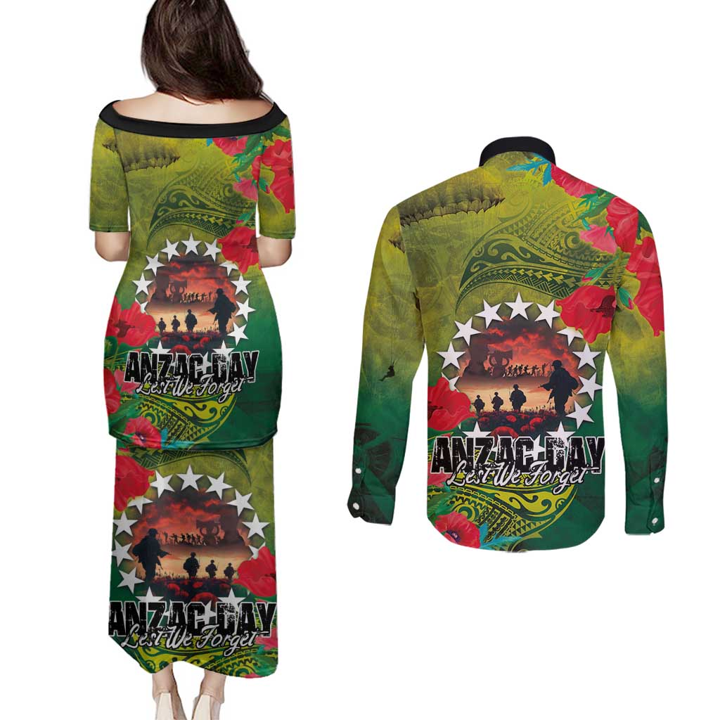 Cook Islands ANDAC Day Couples Matching Puletasi and Long Sleeve Button Shirt Honor and Remember Soliders-Forever in My Thoughts Grunge Style