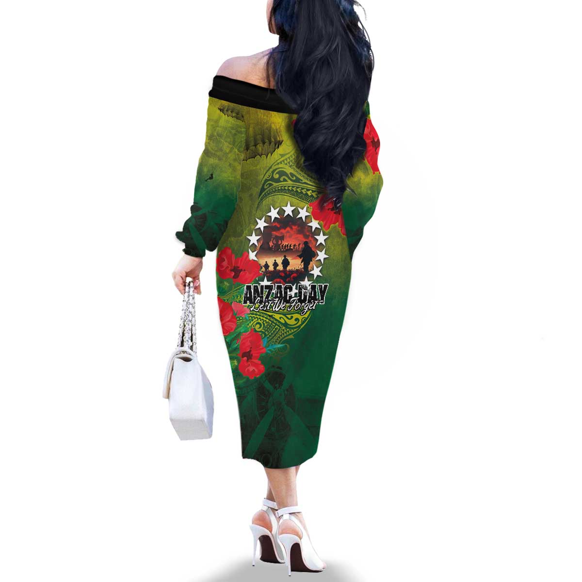 Cook Islands ANDAC Day Family Matching Off The Shoulder Long Sleeve Dress and Hawaiian Shirt Honor and Remember Soliders-Forever in My Thoughts Grunge Style