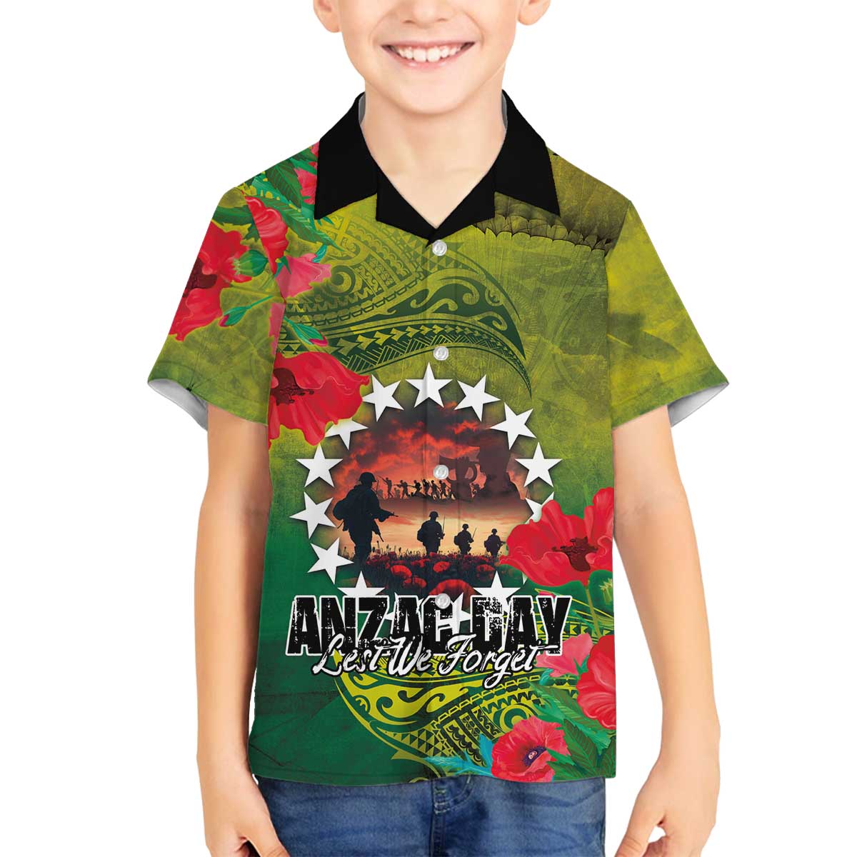 Cook Islands ANDAC Day Family Matching Off The Shoulder Long Sleeve Dress and Hawaiian Shirt Honor and Remember Soliders-Forever in My Thoughts Grunge Style