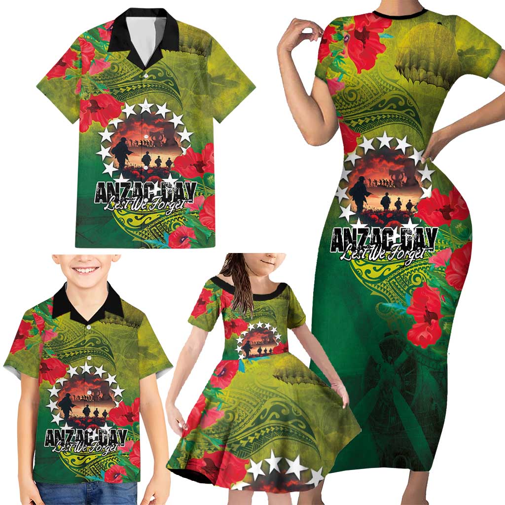 Cook Islands ANDAC Day Family Matching Short Sleeve Bodycon Dress and Hawaiian Shirt Honor and Remember Soliders-Forever in My Thoughts Grunge Style