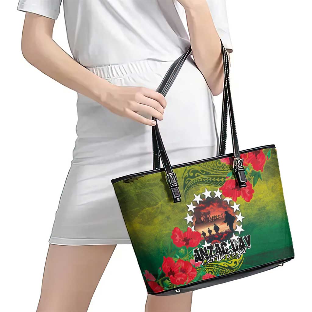 Cook Islands ANDAC Day Leather Tote Bag Honor and Remember Soliders-Forever in My Thoughts Grunge Style