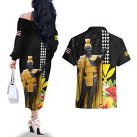 Hawaii King Kamehameha Day Couples Matching Off The Shoulder Long Sleeve Dress and Hawaiian Shirt Kanaka Maoli Hibiscus Flower and Kakau Pattern