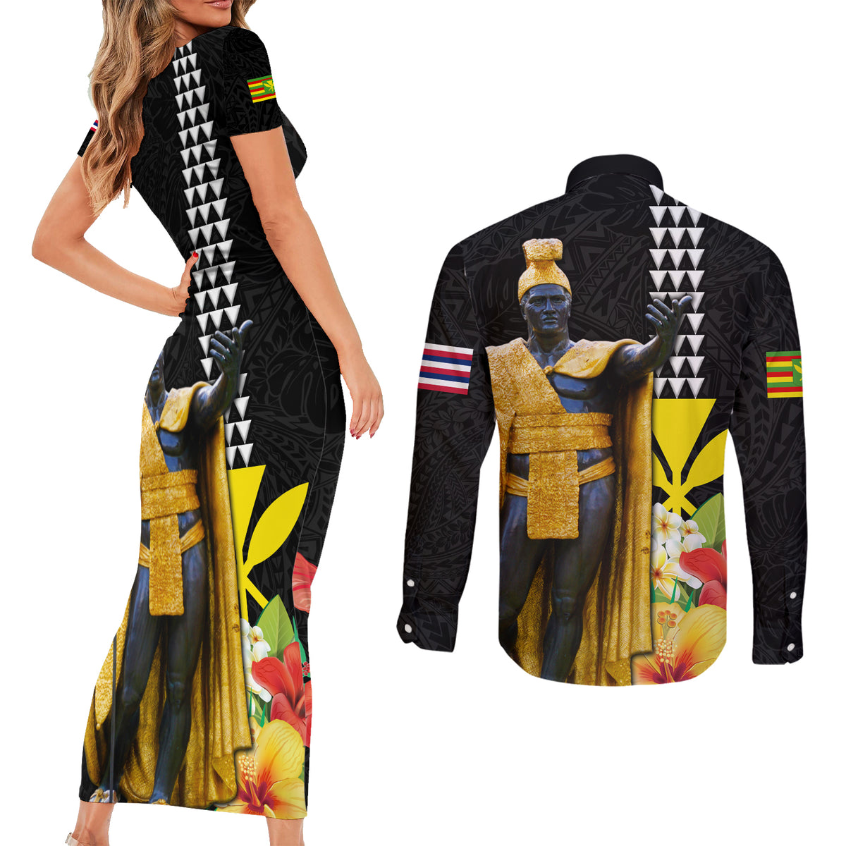 Hawaii King Kamehameha Day Couples Matching Short Sleeve Bodycon Dress and Long Sleeve Button Shirt Kanaka Maoli Hibiscus Flower and Kakau Pattern