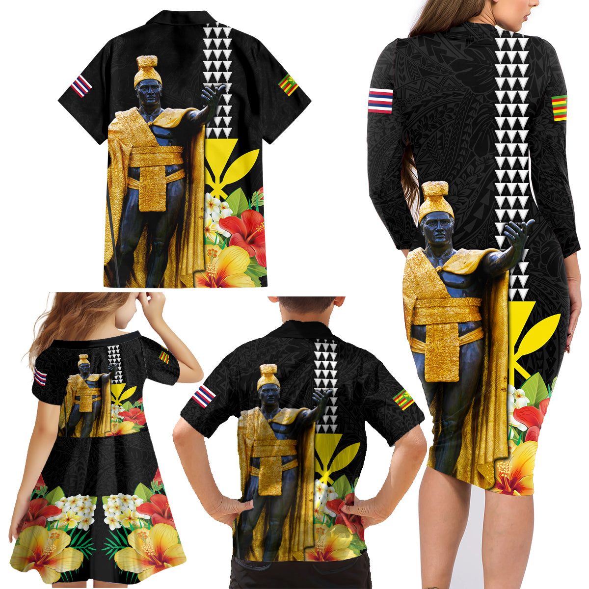 Hawaii King Kamehameha Day Family Matching Long Sleeve Bodycon Dress and Hawaiian Shirt Kanaka Maoli Hibiscus Flower and Kakau Pattern