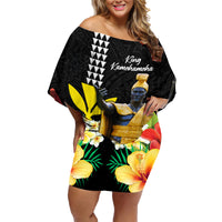 Hawaii King Kamehameha Day Family Matching Off Shoulder Short Dress and Hawaiian Shirt Kanaka Maoli Hibiscus Flower and Kakau Pattern