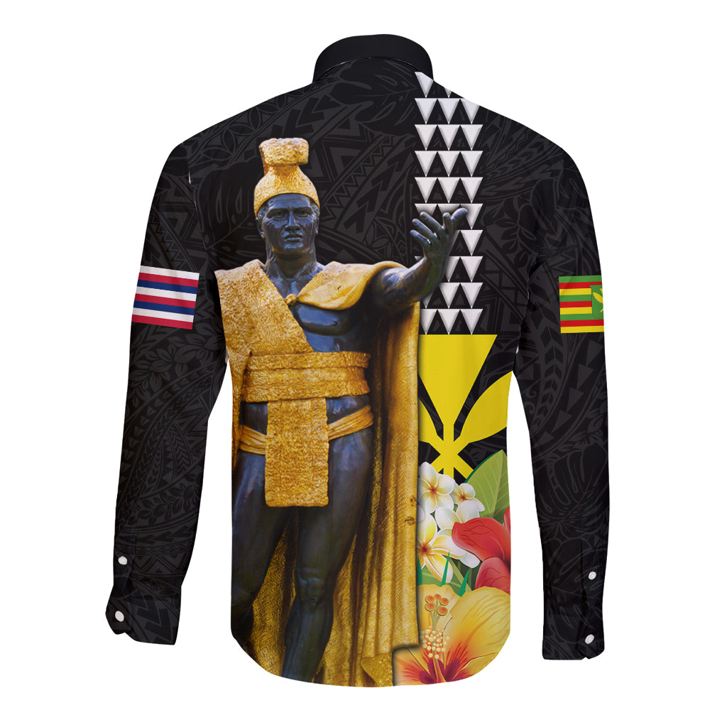 Hawaii King Kamehameha Day Long Sleeve Button Shirt Kanaka Maoli Hibiscus Flower and Kakau Pattern