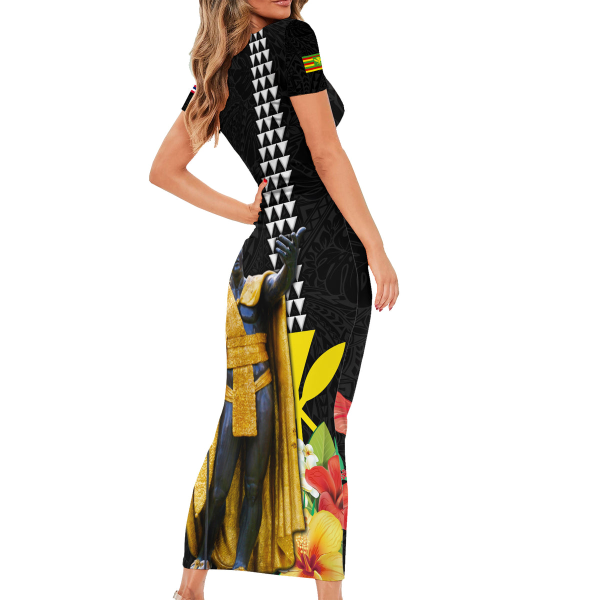Hawaii King Kamehameha Day Short Sleeve Bodycon Dress Kanaka Maoli Hibiscus Flower and Kakau Pattern