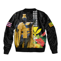 Hawaii King Kamehameha Day Sleeve Zip Bomber Jacket Kanaka Maoli Hibiscus Flower and Kakau Pattern