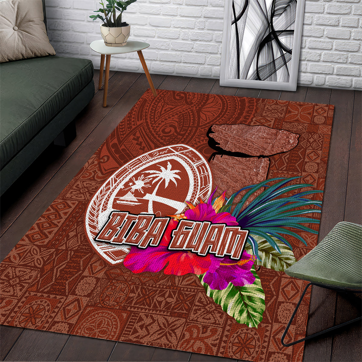 Chamorro Biba Guam Area Rug Latte Stone Tribal and Hibiscus Flower Tapa Pattern
