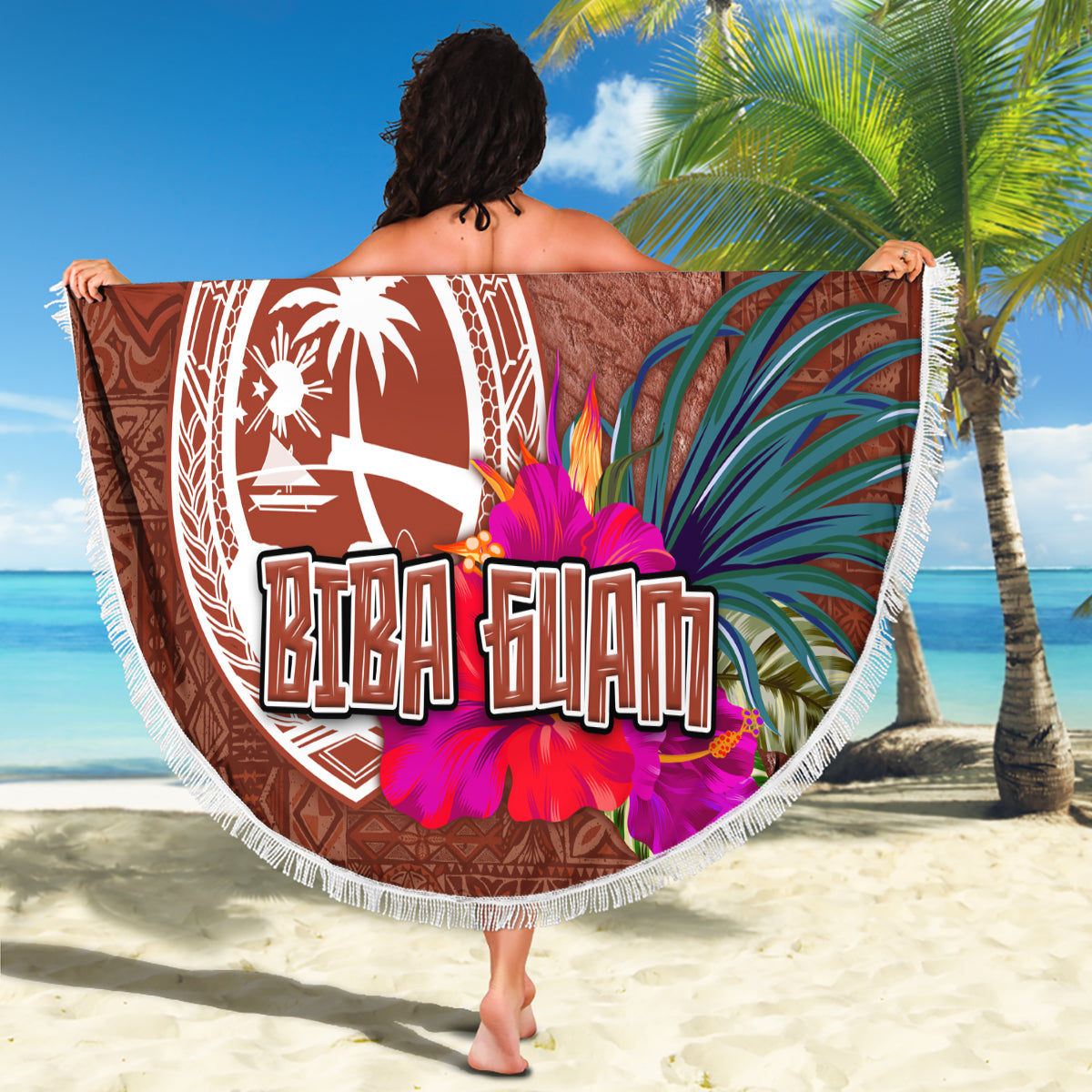 Chamorro Biba Guam Beach Blanket Latte Stone Tribal and Hibiscus Flower Tapa Pattern