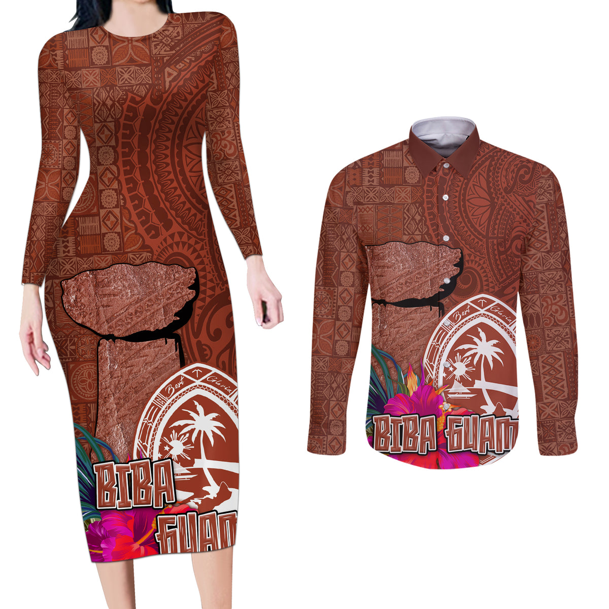Chamorro Biba Guam Couples Matching Long Sleeve Bodycon Dress and Long Sleeve Button Shirt Latte Stone Tribal and Hibiscus Flower Tapa Pattern LT03 Brown - Polynesian Pride