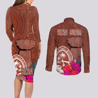 Chamorro Biba Guam Couples Matching Long Sleeve Bodycon Dress and Long Sleeve Button Shirt Latte Stone Tribal and Hibiscus Flower Tapa Pattern LT03 - Polynesian Pride