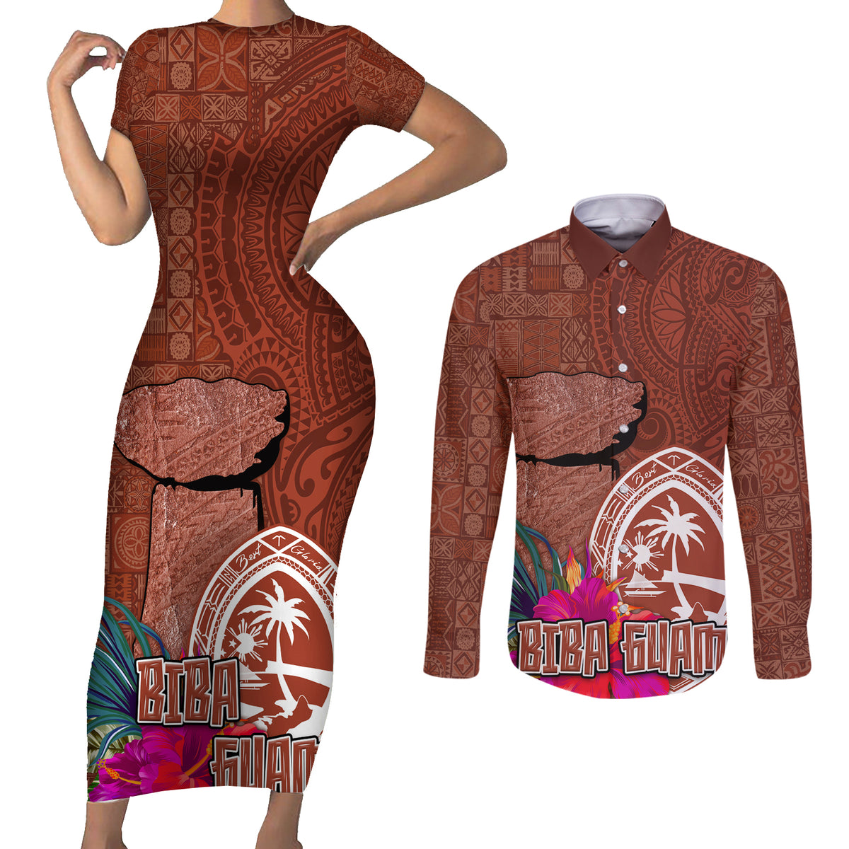 Chamorro Biba Guam Couples Matching Short Sleeve Bodycon Dress and Long Sleeve Button Shirt Latte Stone Tribal and Hibiscus Flower Tapa Pattern LT03 Brown - Polynesian Pride