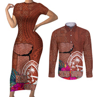 Chamorro Biba Guam Couples Matching Short Sleeve Bodycon Dress and Long Sleeve Button Shirt Latte Stone Tribal and Hibiscus Flower Tapa Pattern LT03 Brown - Polynesian Pride