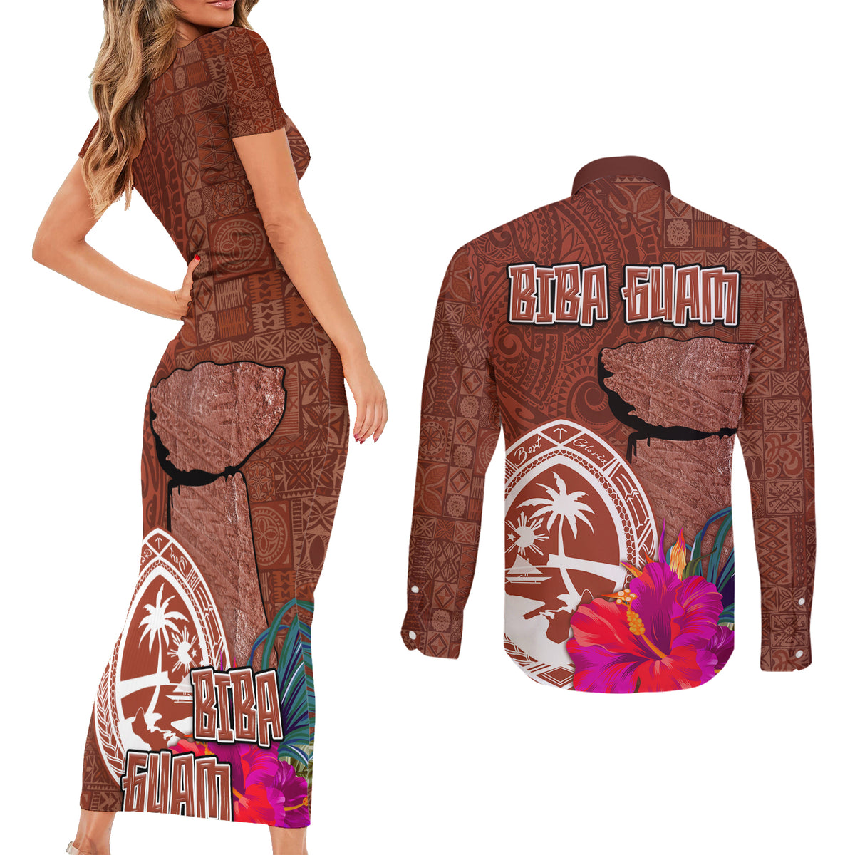 Chamorro Biba Guam Couples Matching Short Sleeve Bodycon Dress and Long Sleeve Button Shirt Latte Stone Tribal and Hibiscus Flower Tapa Pattern LT03 - Polynesian Pride