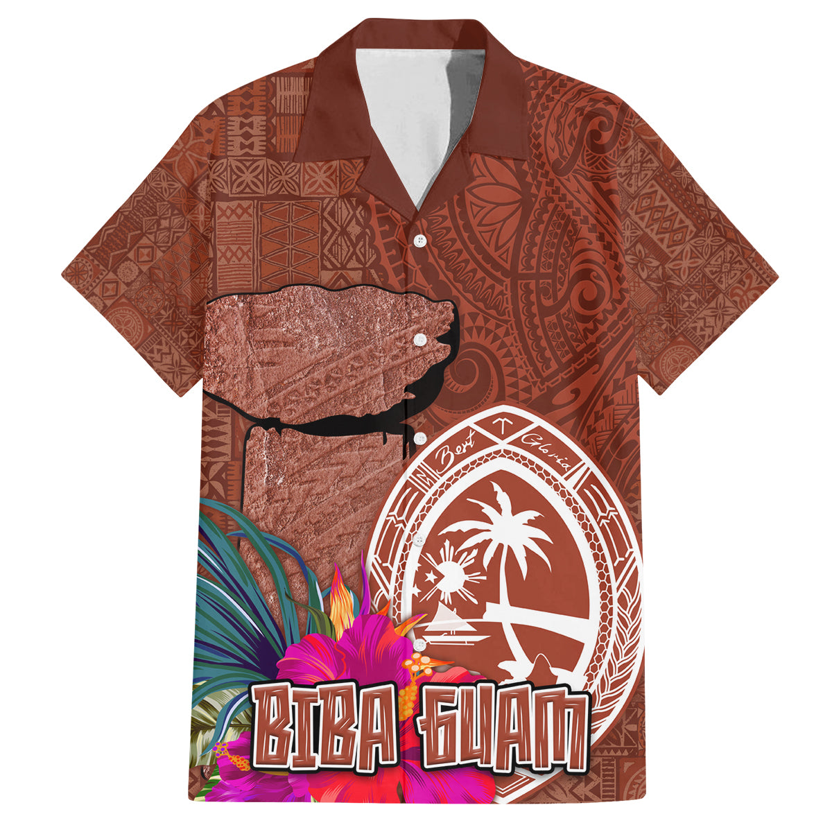 Chamorro Biba Guam Family Matching Off Shoulder Maxi Dress and Hawaiian Shirt Latte Stone Tribal and Hibiscus Flower Tapa Pattern